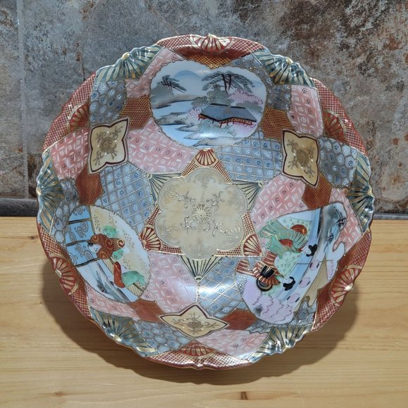 VTG Japanese Decorative Large Bowl Hand Painted Oriental Satsuma Porcelain Signe